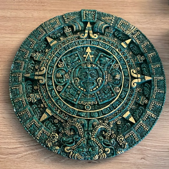 Mayan Aztec Sun Calendar Green Crush Malachite Stone Mexican Wall Hang Art